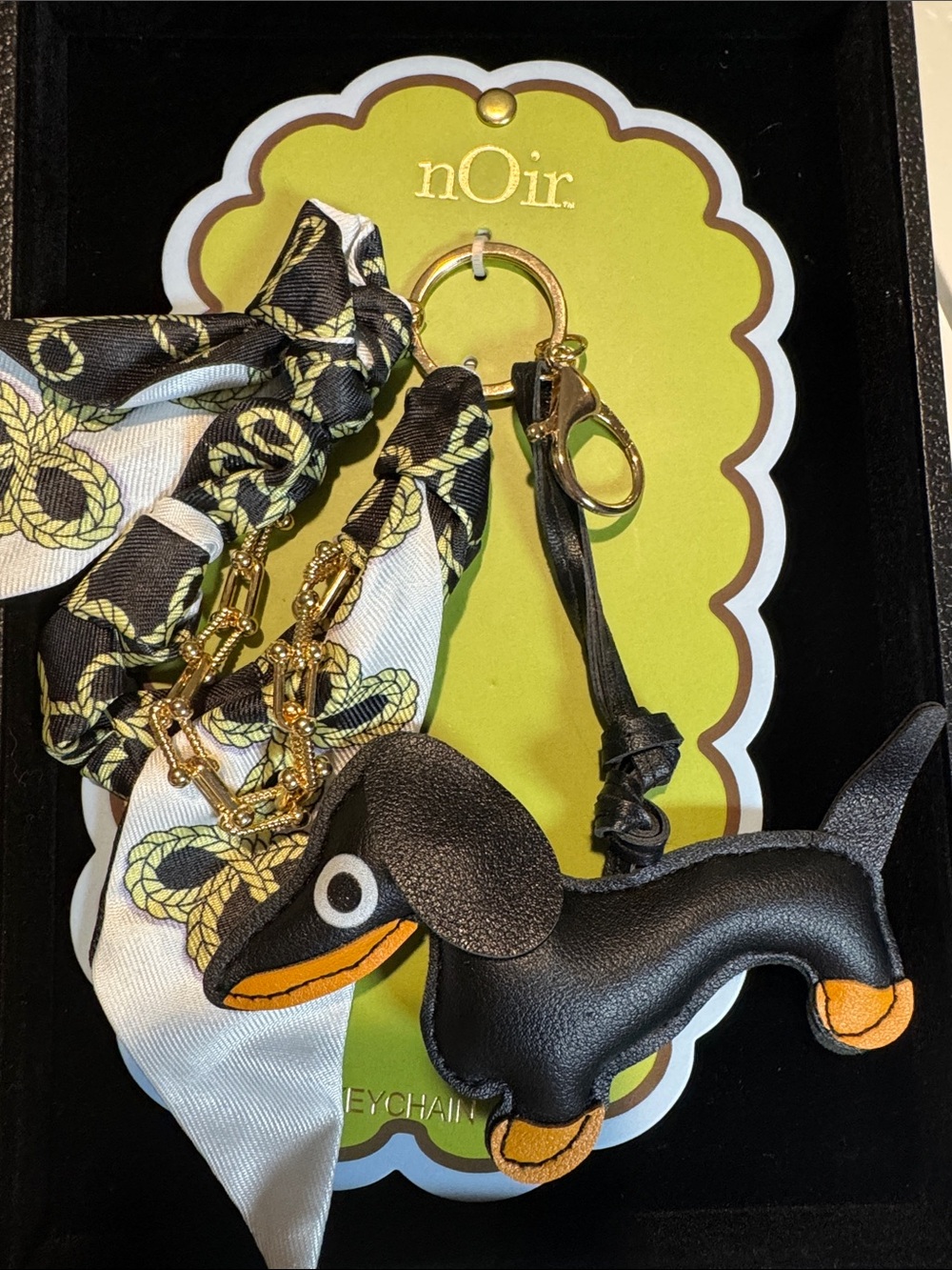 nOir Black Dachshund Leather Keychain with Gold Hardware